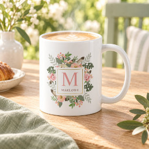 Rustieke Roze Gouden Bloemige Boho Monogram Koffiemok