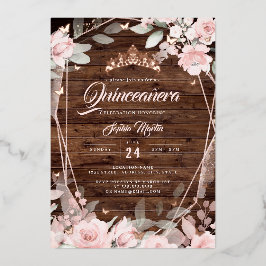 Rustieke Roze Gouden Bloemige Vlinder Quinceanera  Folie Uitnodiging