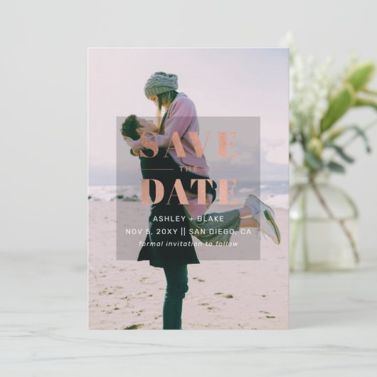 Rustieke Roze Gouden Minimalistische Moderne Foto Save The Date (Staand voorkant)