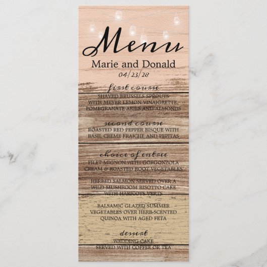 Rustieke roze hout en lantaarns menu (Voorkant)