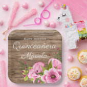 Rustieke Roze Klaprozen Quinceañera Papieren Bordje (Feest)