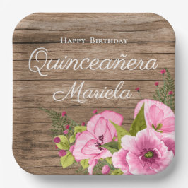 Rustieke Roze Klaprozen Quinceañera Papieren Bordje