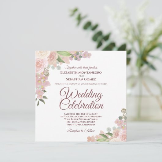 Rustieke Roze Mauve & Koraal Waterverf Rozen Bruil Kaart (Staand voorkant)