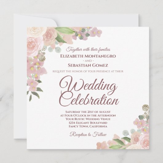 Rustieke Roze Mauve & Koraal Waterverf Rozen Bruil Kaart (Voorkant)