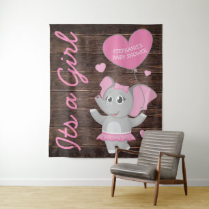 Rustieke Roze Meisje Olifant Baby Shower Achtergro Wandkleed