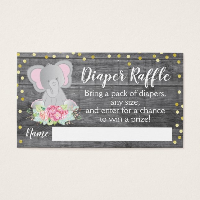 Rustieke Roze Olifant Baby shower Luier Raffle Visitekaartje (Voorkant)