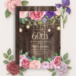 Rustieke Roze Paarse Bloemen Slingerlichten 60ste Kaart