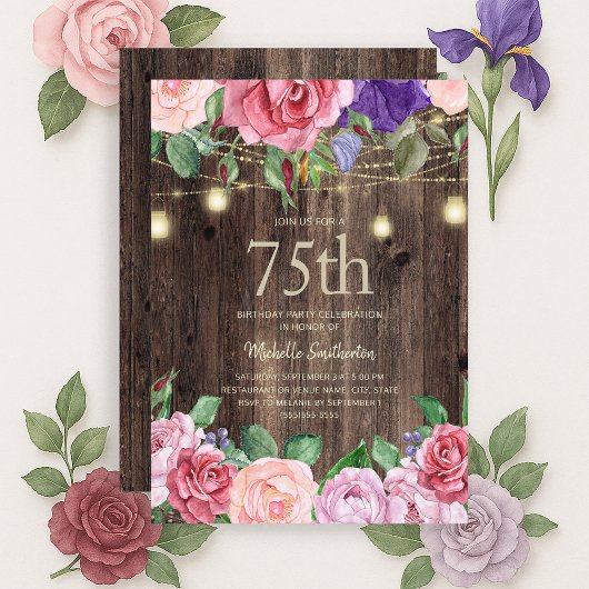 Rustieke Roze Paarse Bloemen Slingerlichten 75e Kaart