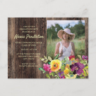 Rustieke roze paarse gele bloemengraduation party uitnodiging briefkaart