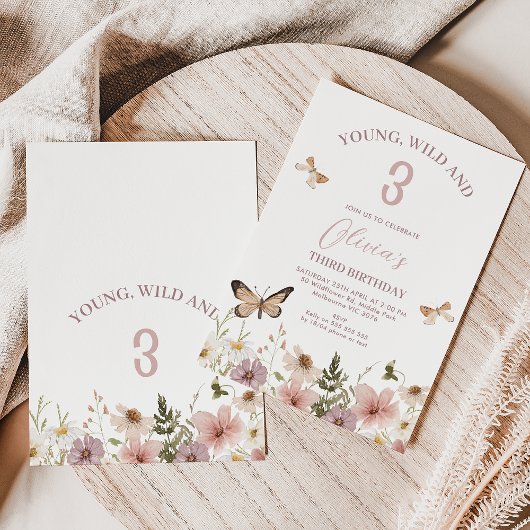Rustieke roze paarse wilde bloemen 3e verjaardag kaart