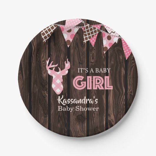 Rustieke Roze Plaid Herten Baby shower Papier Bord (Voorkant)