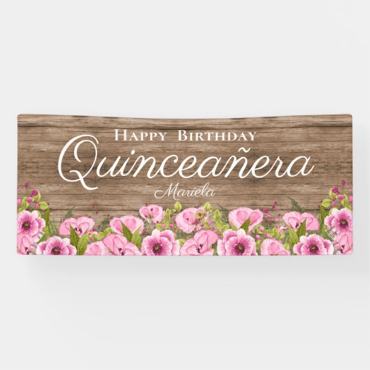Rustieke Roze Poppies Quinceañera Spandoek (Horizontaal)
