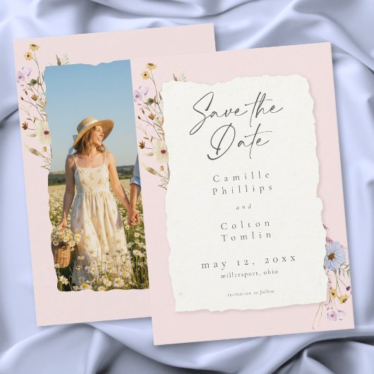 Rustieke Roze Romantische Wilde Bloemen Trouwfoto Save The Date