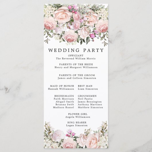 Rustieke Roze RoseBloemen bruiloft Programmakaart (Achterkant)