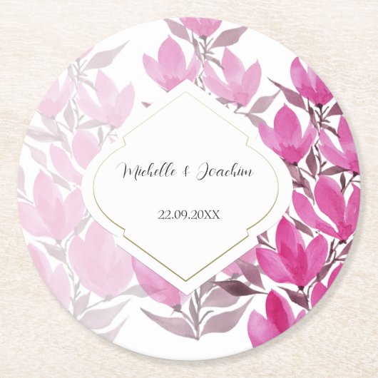 Rustieke Roze Waterverf Bloemen Handgeschilderd Ronde Kartonnen Onderzetter (Voorkant)