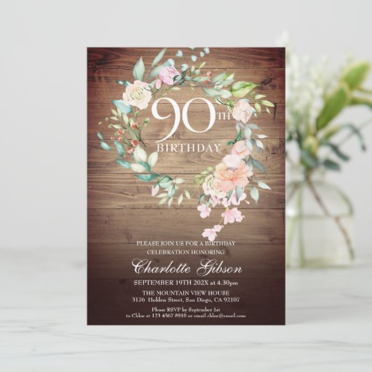 Rustieke Rozen Garland Monogram 90e Verjaardag Kaart (Staand voorkant)