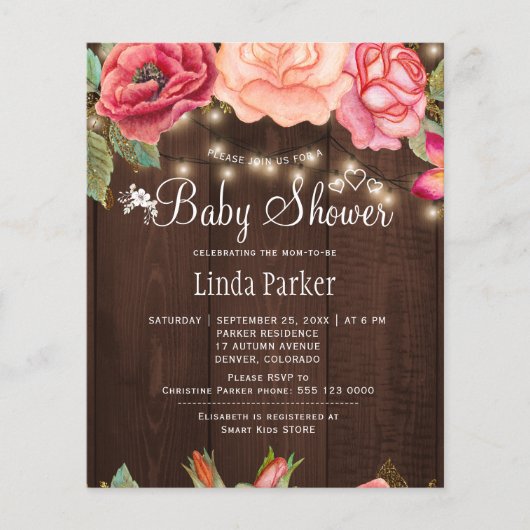 Rustieke rozen hout BUDGET babyshower uitnodiging (Voorkant)