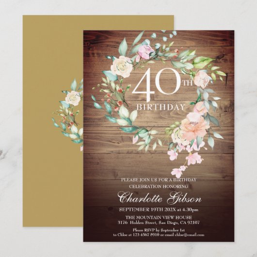 Rustieke Rozen Krans Monogram 40e Verjaardag Kaart (Voorkant / Achterkant)