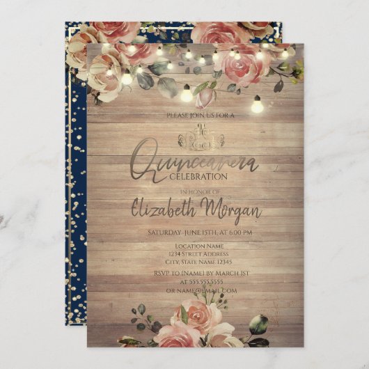 Rustieke Rozen Lights, Tiara, Diamonds Quinceañera Kaart (Voorkant / Achterkant)