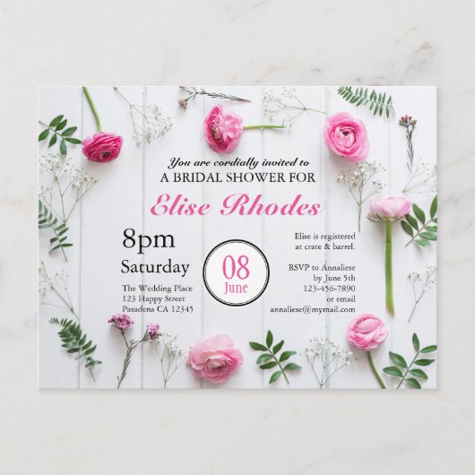 Rustieke rozen lijst op wit hout vrijgezellenfeest uitnodiging briefkaart (Voorkant)