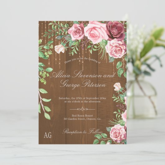 Rustieke Rozen Monogram Schuur Hout Huwelijk Kaart (Staand voorkant)