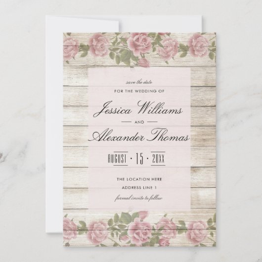 Rustieke rozen op hout Save The Date (Voorkant)