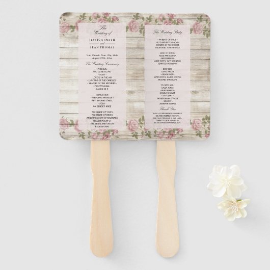 Rustieke Rozen op houten huwelijksprogramma Handwaaier (Voorkant en achterkant)