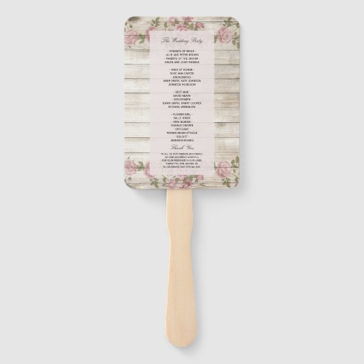 Rustieke Rozen op houten huwelijksprogramma Handwaaier (Achterkant)