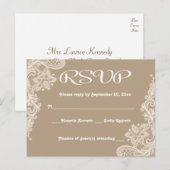 Rustieke RSVP Bloemen Kant Bruin & Wit Lacy Tan Uitnodiging Briefkaart (Voorkant / Achterkant)