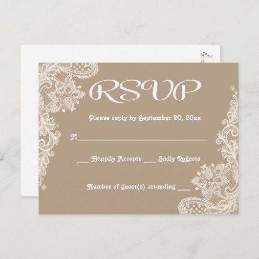 Rustieke RSVP Bloemen Kant Bruin & Wit Lacy Tan Uitnodiging Briefkaart (Voorkant / Achterkant)