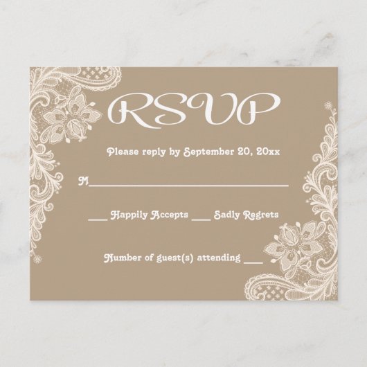 Rustieke RSVP Bloemen Kant Bruin & Wit Lacy Tan Uitnodiging Briefkaart (Voorkant)