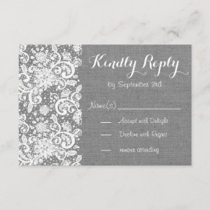 Rustieke RSVP-kaart met grijze jute en kant RSVP Kaartje
