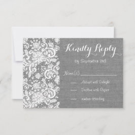 Rustieke RSVP-kaart met grijze jute en kant RSVP Kaartje