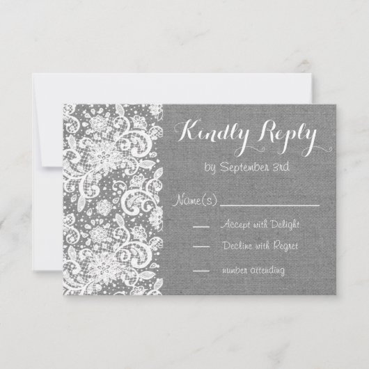 Rustieke RSVP-kaart met grijze jute en kant RSVP Kaartje (Voorkant)