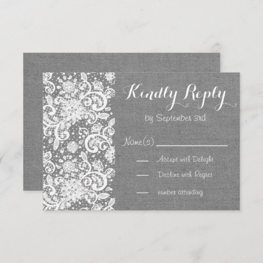 Rustieke RSVP-kaart met grijze jute en kant RSVP Kaartje (Voorkant / Achterkant)