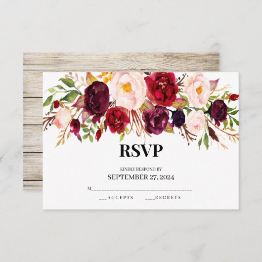 Rustieke RSVP-kaarten, elegant, Bourgogne, hout Kaart (Voorkant / Achterkant)
