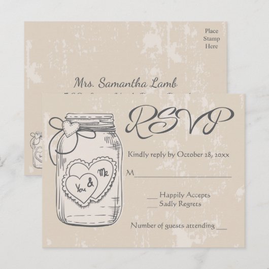 Rustieke RSVP Mason Jar Hearts Bruin Tan Wedding Uitnodiging Briefkaart (Voorkant / Achterkant)