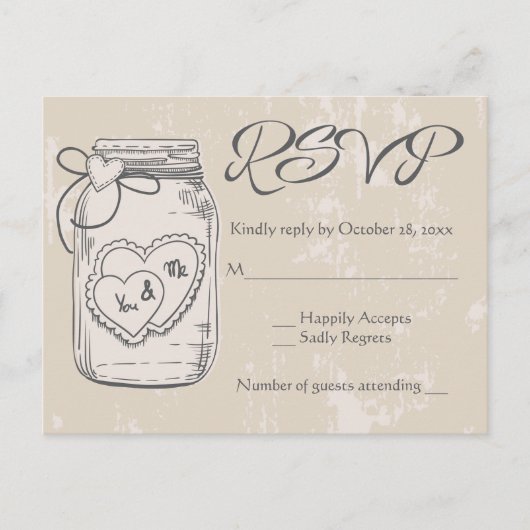 Rustieke RSVP Mason Jar Hearts Bruin Tan Wedding Uitnodiging Briefkaart (Voorkant)