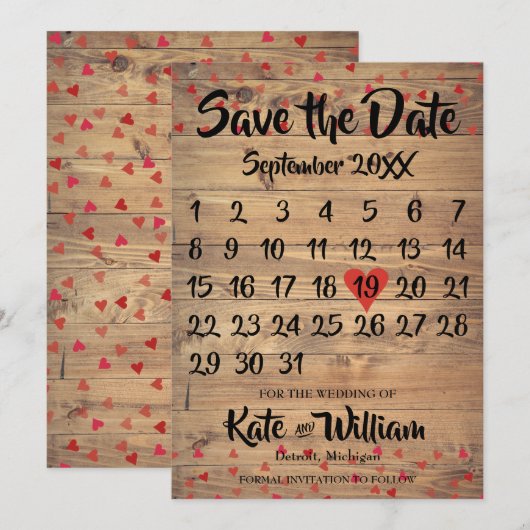 Rustieke Ruby Red Love Heart Kalender Save the Dat Date (Voorkant / Achterkant)