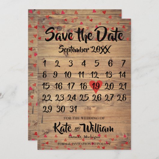 Rustieke Ruby Red Love Heart Kalender Save the Dat Save The Date (Voorkant / Achterkant)