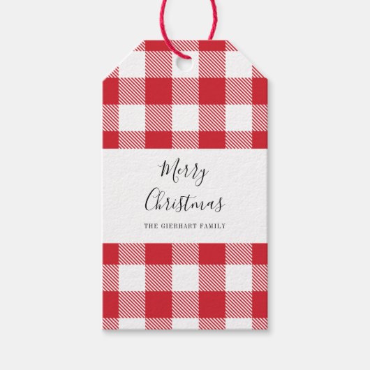 Rustieke ruit elegante script rood wit geruit cadeaulabel (Voorkant)
