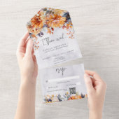 Rustieke Rust & Navy Herfst Bloemenbruiloft QR Cod All In One Uitnodiging (Afscheurbaar)