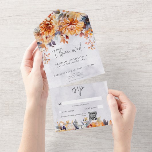 Rustieke Rust & Navy Herfst Bloemenbruiloft QR Cod All In One Uitnodiging (Afscheurbaar)