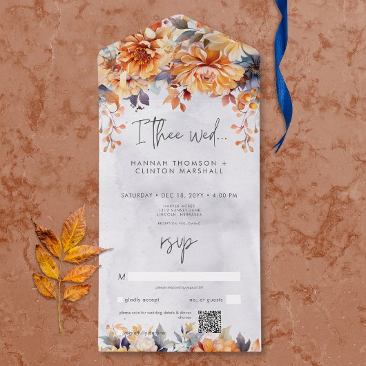 Rustieke Rust & Navy Herfst Bloemenbruiloft QR Cod All In One Uitnodiging