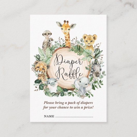 Rustieke Safari Oerwoud Dieren Baby Luier Raffle Informatiekaartje (Voorkant)