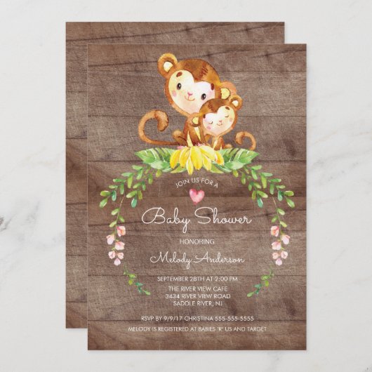 Rustieke Safari Oerwoud Monkey Baby shower Uitnodi Kaart (Voorkant / Achterkant)