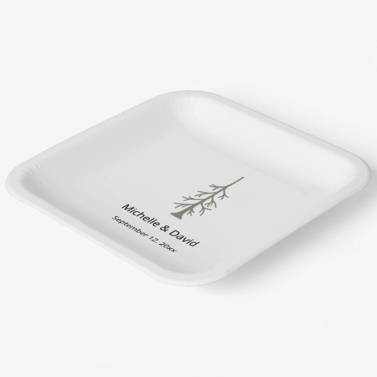 Rustieke Sage Green Pine Tree bruiloft receptie Papieren Bordje (Gebogen)