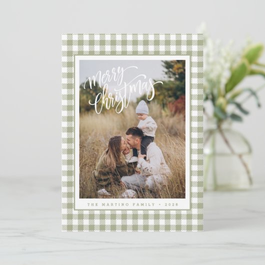 Rustieke Sage Green Plaid Foto Vrolijke Kerst Kaar Feestdagenkaart (Staand voorkant)