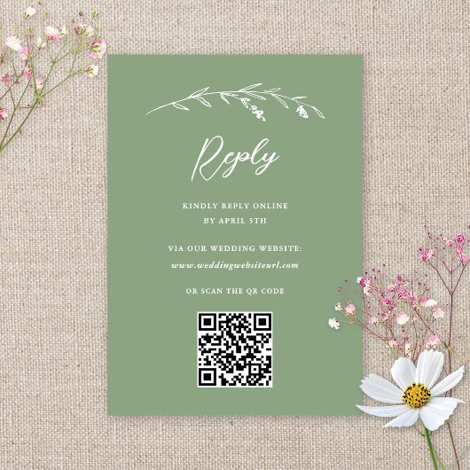 Rustieke Sage Green Wildflower QR Code Huwelijk RSVP Kaartje