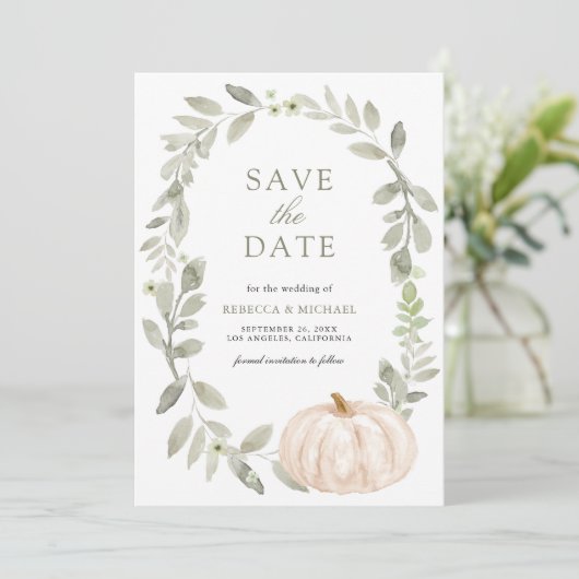Rustieke Sage Greenery Witte Pompoen Trouwfoto Save The Date (Staand voorkant)